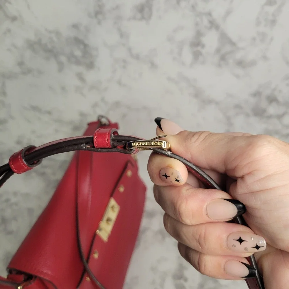 Michael Kors Red‎ Pebbled Leather Studded Flap Crossbody Bag Gold Hardware